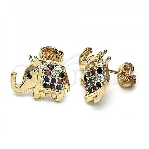 Oro Laminado Stud Earring, Gold Filled Style Elephant and Crown Design, with Multicolor Micro Pave, Polished, Golden Finish, 02.185.0009.3