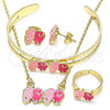 Oro Laminado Necklace, Bracelet, Earring and Ring, Gold Filled Style Elephant Design, Pink Enamel Finish, Golden Finish, 06.361.0011.1