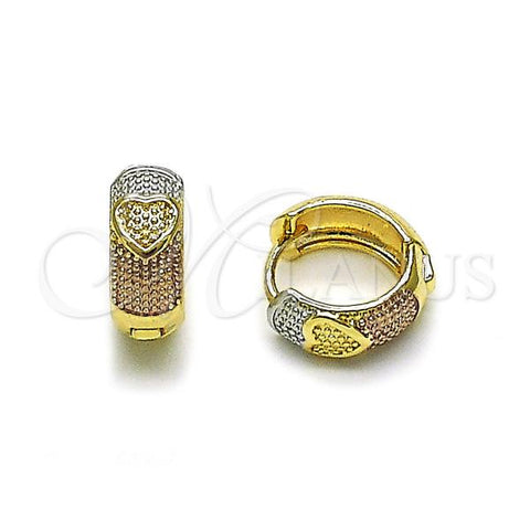 Oro Laminado Huggie Hoop, Gold Filled Style Heart Design, Diamond Cutting Finish, Tricolor, 02.196.0218.14