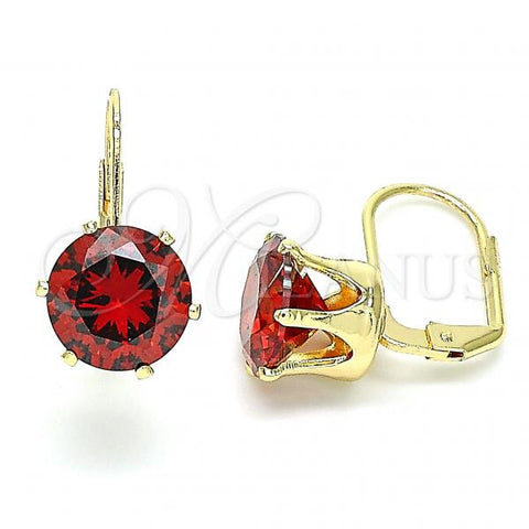 Oro Laminado Leverback Earring, Gold Filled Style with Garnet Cubic Zirconia, Polished, Golden Finish, 5.128.060