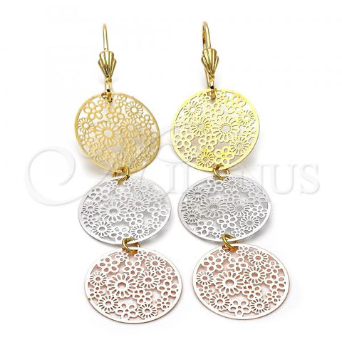 Oro Laminado Long Earring, Gold Filled Style Flower Design, Diamond Cutting Finish, Tricolor, 5.082.013