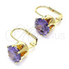 Oro Laminado Leverback Earring, Gold Filled Style with Violet Cubic Zirconia, Polished, Golden Finish, 5.128.061