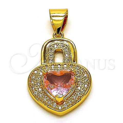 Oro Laminado Fancy Pendant, Gold Filled Style Heart Design, with White Micro Pave and Pink Cubic Zirconia, Polished, Golden Finish, 05.342.0176
