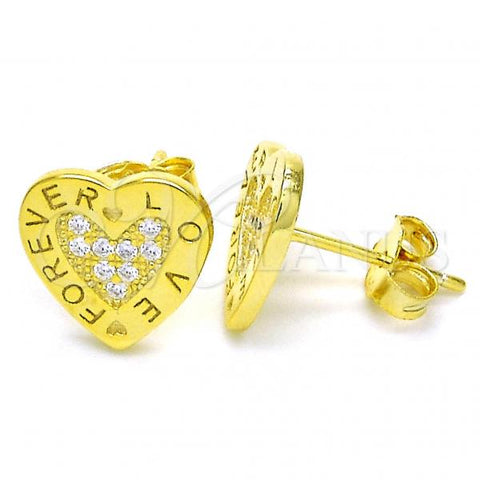 Sterling Silver Stud Earring, Heart and Love Design, with White Micro Pave, Polished, Golden Finish, 02.336.0111.2