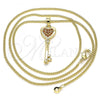 Oro Laminado Pendant Necklace, Gold Filled Style key and Heart Design, with Garnet Micro Pave, Polished, Golden Finish, 04.344.0013.1.20