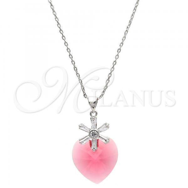 Rhodium Plated Pendant Necklace, Heart and Flower Design, with Padparadscha Swarovski Crystals and White Cubic Zirconia, Polished, Rhodium Finish, 04.239.0019.3.16