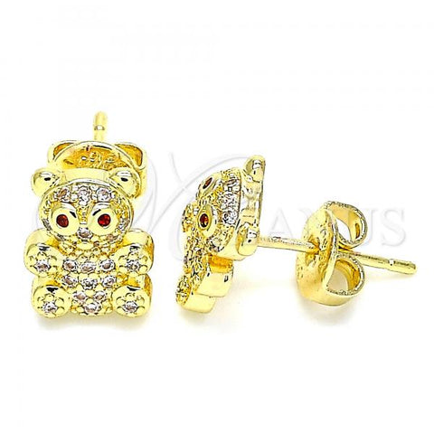 Oro Laminado Stud Earring, Gold Filled Style Teddy Bear Design, with Garnet and White Micro Pave, Polished, Golden Finish, 02.156.0471
