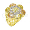 Oro Laminado Multi Stone Ring, Gold Filled Style Flower Design, with White Micro Pave, Polished, Tricolor, 01.26.0002.09 (Size 9)