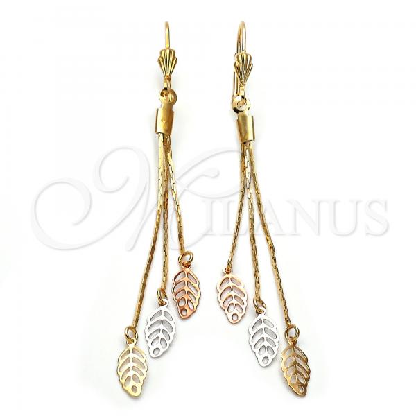 Oro Laminado Long Earring, Gold Filled Style Leaf and Long Box Design, Polished, Tricolor, 02.63.2114