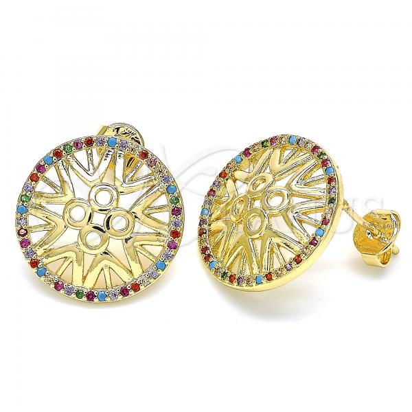 Oro Laminado Stud Earring, Gold Filled Style with Multicolor Micro Pave, Polished, Golden Finish, 02.233.0018