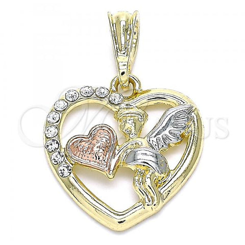 Oro Laminado Religious Pendant, Gold Filled Style Angel and Heart Design, with White Crystal, Polished, Tricolor, 05.380.0066.1