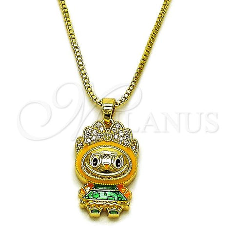 Oro Laminado Pendant Necklace, Gold Filled Style Box and Bow Design, with White Cubic Zirconia, Yellow Enamel Finish, Golden Finish, 04.156.0468.18