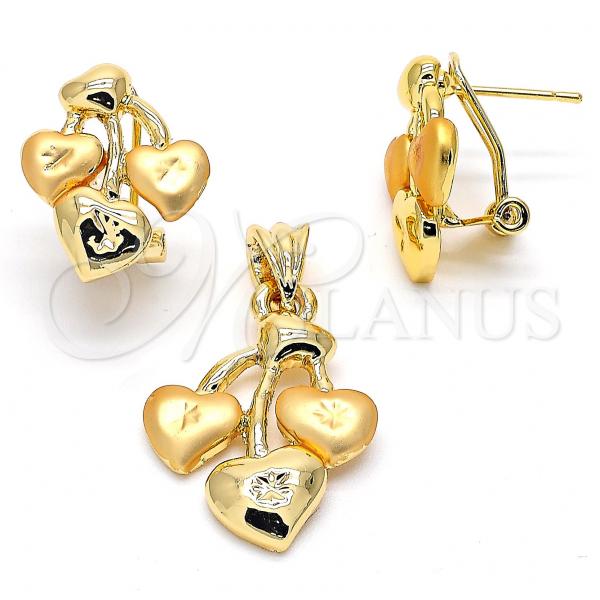 Oro Laminado Earring and Pendant Adult Set, Gold Filled Style Heart Design, Matte Finish, Golden Finish, 10.59.0175