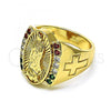 Oro Laminado Multi Stone Ring, Gold Filled Style Guadalupe and Cross Design, with Multicolor Cubic Zirconia, Polished, Golden Finish, 01.380.0019.1.07