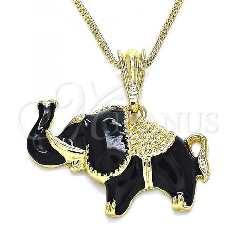 Oro Laminado Pendant Necklace, Gold Filled Style Elephant Design, Black Enamel Finish, Golden Finish, 04.380.0002.4.20
