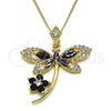 Oro Laminado Pendant Necklace, Gold Filled Style Dragon-Fly and Flower Design, with Black and White Cubic Zirconia, Polished, Golden Finish, 04.283.0014.1.20