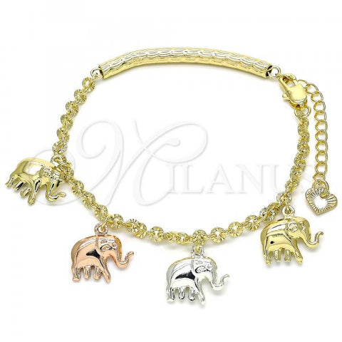 Oro Laminado Charm Bracelet, Gold Filled Style Elephant Design, Diamond Cutting Finish, Tricolor, 03.351.0104.07