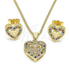 Oro Laminado Earring and Pendant Adult Set, Gold Filled Style Heart and Bow Design, with Multicolor Micro Pave, Polished, Golden Finish, 10.156.0408.2