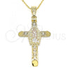 Oro Laminado Religious Pendant, Gold Filled Style Cross and Guadalupe Design, with White Crystal, Polished, Tricolor, 05.351.0059