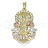 Oro Laminado Religious Pendant, Gold Filled Style Guadalupe and Flower Design, with White Crystal, Polished, Tricolor, 05.351.0019.1