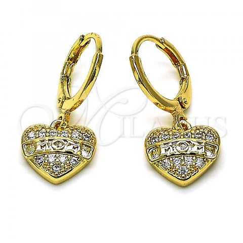 Oro Laminado Dangle Earring, Gold Filled Style Heart Design, with White Micro Pave, Polished, Golden Finish, 02.253.0064