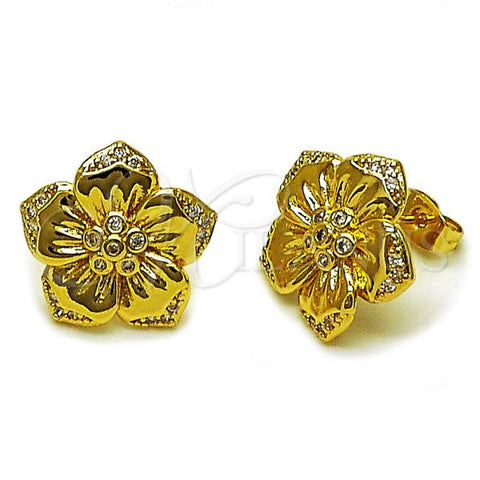 Oro Laminado Stud Earring, Gold Filled Style Flower Design, with White Cubic Zirconia and White Micro Pave, Polished, Golden Finish, 02.282.0051