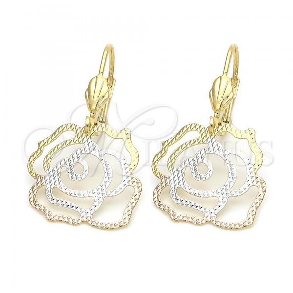 Oro Laminado Dangle Earring, Gold Filled Style Flower Design, Tricolor, 02.64.0508