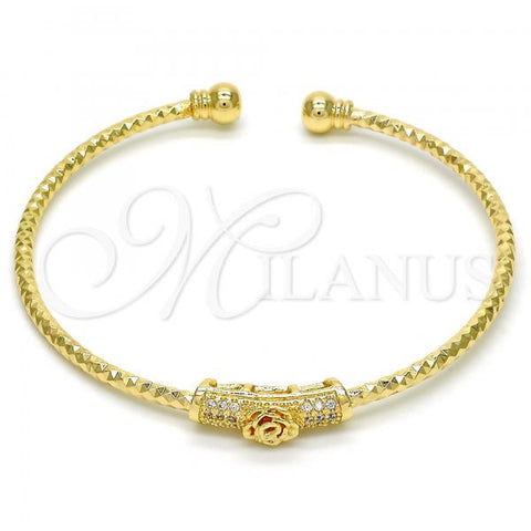 Oro Laminado Individual Bangle, Gold Filled Style Flower Design, with White Micro Pave, Diamond Cutting Finish, Golden Finish, 07.193.0009 (03 MM Thickness, One size fits all)