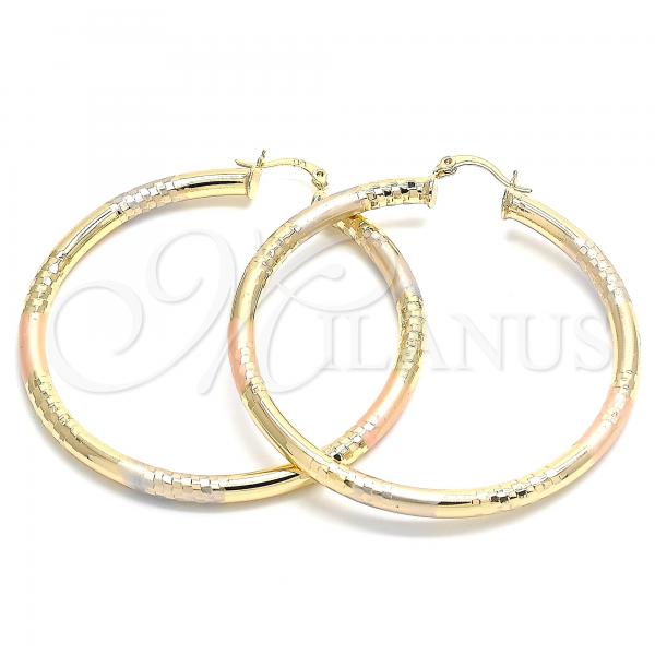 Oro Laminado Large Hoop, Gold Filled Style Hollow Design, Diamond Cutting Finish, Tricolor, 02.170.0262.1.60