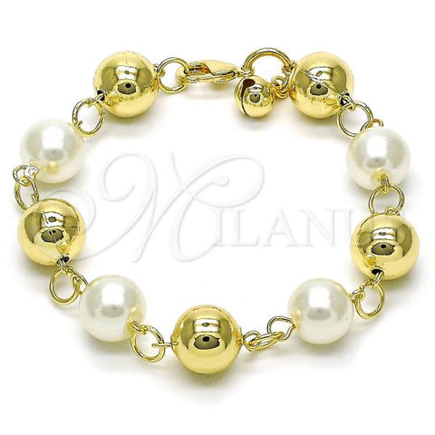 Oro Laminado Fancy Bracelet, Gold Filled Style Chunky and Hollow Design, with Ivory Pearl, Polished, Golden Finish, 03.331.0272.09