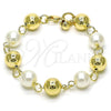 Oro Laminado Fancy Bracelet, Gold Filled Style Chunky and Hollow Design, with Ivory Pearl, Polished, Golden Finish, 03.331.0272.09