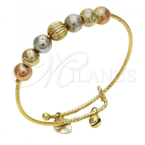 Oro Laminado Individual Bangle, Gold Filled Style Rattle Charm Design, Diamond Cutting Finish, Tricolor, 07.312.0002.1.04 (02 MM Thickness, Size 4 - 2.25 Diameter)