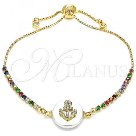 Oro Laminado Adjustable Bolo Bracelet, Gold Filled Style Anchor Design, with White and Multicolor Cubic Zirconia, Polished, Golden Finish, 03.63.2104.11