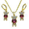 Oro Laminado Earring and Pendant Adult Set, Gold Filled Style Teddy Bear and Heart Design, with Ruby Cubic Zirconia and White Micro Pave, Polished, Golden Finish, 10.196.0027.1