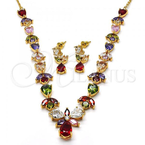 Oro Laminado Necklace and Earring, Gold Filled Style Teardrop and Leaf Design, with Multicolor Cubic Zirconia, Polished, Golden Finish, 06.205.0001
