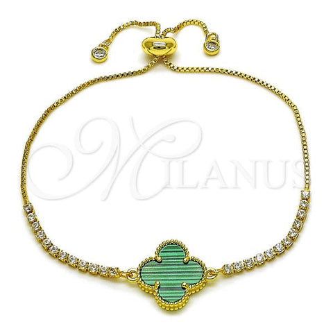 Oro Laminado Adjustable Bolo Bracelet, Gold Filled Style Four-leaf Clover and Box Design, with Turquoise Pearl and White Cubic Zirconia, Polished, Golden Finish, 03.341.0235.11