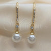 Oro Laminado Long Earring, Gold Filled Style Ball Design, with Ivory Pearl and White Micro Pave, Polished, Golden Finish, 02.387.0113