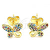 Oro Laminado Stud Earring, Gold Filled Style Butterfly Design, with Multicolor Micro Pave, Polished, Golden Finish, 02.233.0022