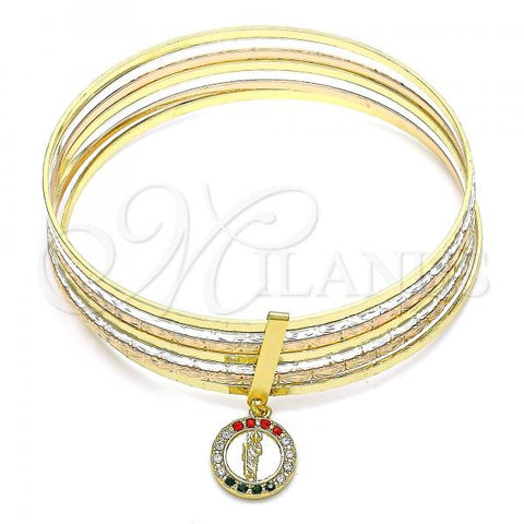 Oro Laminado Semanario Bangle, Gold Filled Style San Judas Design, with Multicolor Crystal, Diamond Cutting Finish, Tricolor, 07.253.0006.1.05