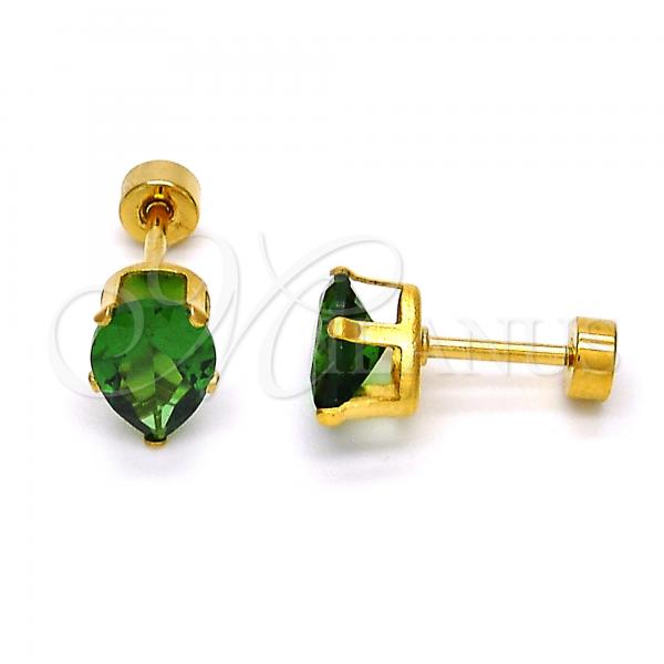 Stainless Steel Stud Earring, Teardrop Design, with Green Cubic Zirconia, Polished, Golden Finish, 02.271.0023.10