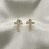 Oro Laminado Stud Earring, Gold Filled Style Cross Design, with White Cubic Zirconia, Polished, Golden Finish, 02.342.0227