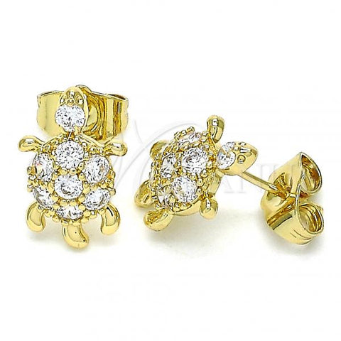 Oro Laminado Stud Earring, Gold Filled Style Turtle Design, with White Cubic Zirconia, Polished, Golden Finish, 02.345.0010.1