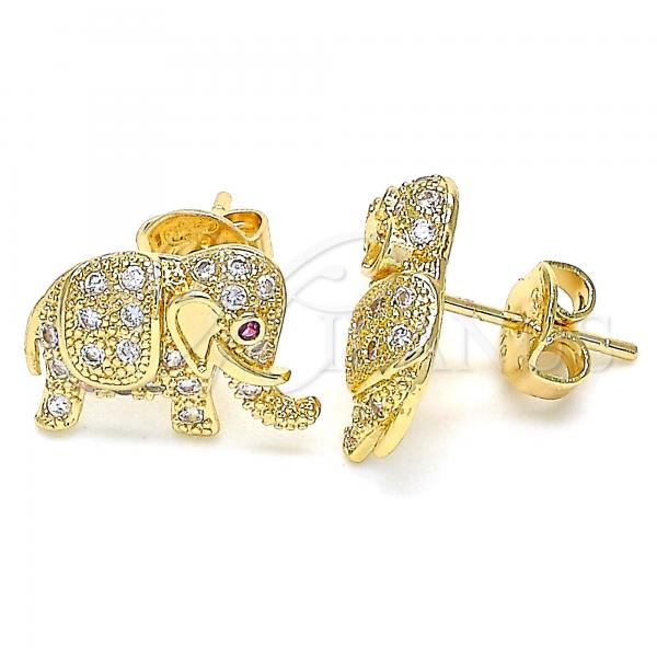 Oro Laminado Stud Earring, Gold Filled Style Elephant Design, with White and Ruby Micro Pave, Polished, Golden Finish, 02.199.0029