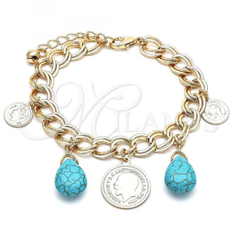 Oro Laminado Charm Bracelet, Gold Filled Style Teardrop Design, with Turquoise Opal, Polished, Golden Finish, 03.331.0127.08