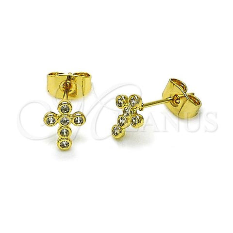 Oro Laminado Stud Earring, Gold Filled Style Cross Design, with White Cubic Zirconia, Polished, Golden Finish, 02.213.0603