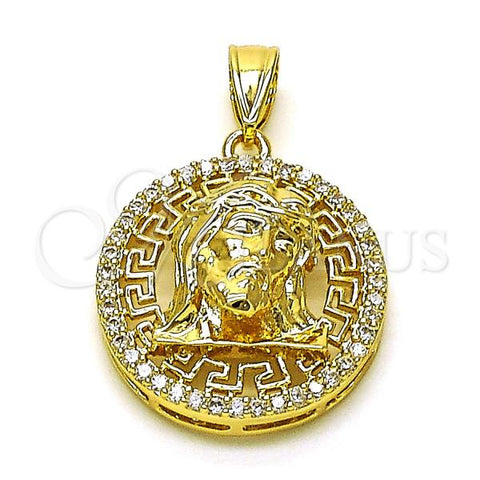 Oro Laminado Religious Pendant, Gold Filled Style Jesus and Greek Key Design, with White Micro Pave, Polished, Golden Finish, 05.411.0021