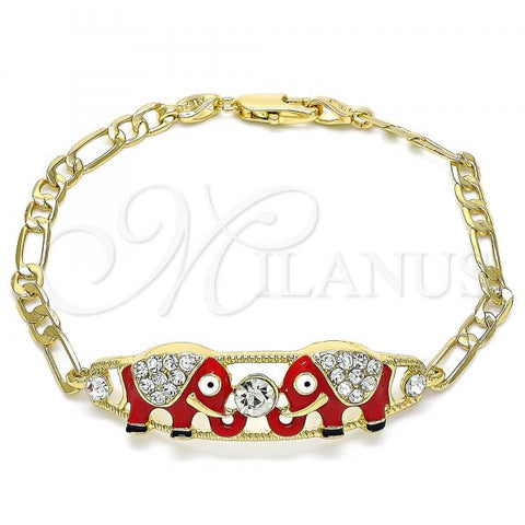 Oro Laminado Fancy Bracelet, Gold Filled Style Elephant Design, with White Crystal, Red Enamel Finish, Golden Finish, 03.380.0045.1.08