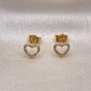 Oro Laminado Stud Earring, Gold Filled Style Heart Design, with White Micro Pave, Polished, Golden Finish, 02.233.0049