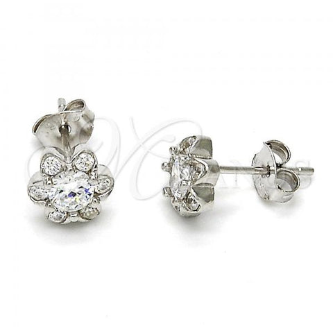 Sterling Silver Stud Earring, Flower Design, with White Cubic Zirconia, Polished, Rhodium Finish, 02.285.0028