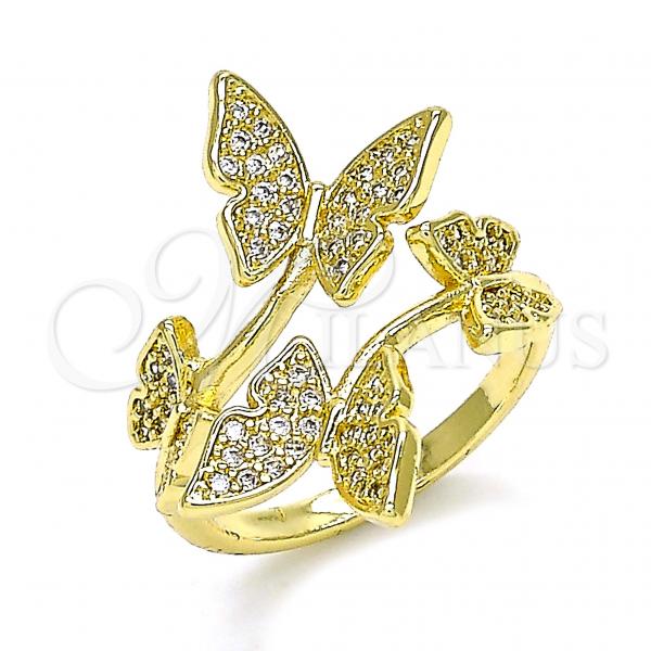 Oro Laminado Multi Stone Ring, Gold Filled Style Butterfly Design, with White Micro Pave, Polished, Golden Finish, 01.341.0046